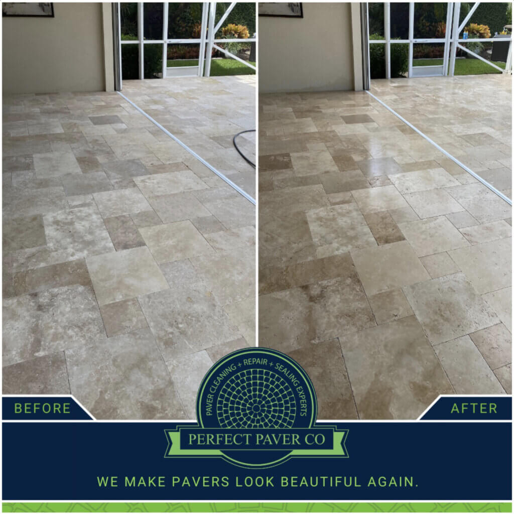 Outdoor Travertine before and after professional cleaning and sealing