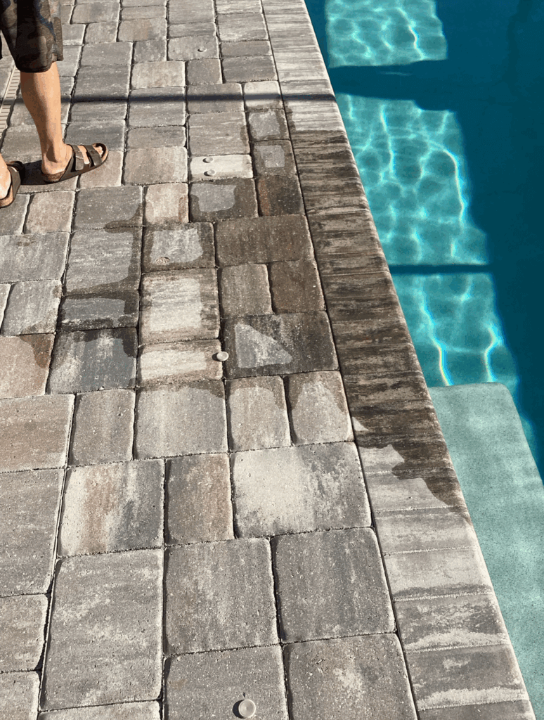 Before pictures of paver pool deck in Coral Harbour Community in Englewood FL right before Perfect Paver Co cleaned and sealed it